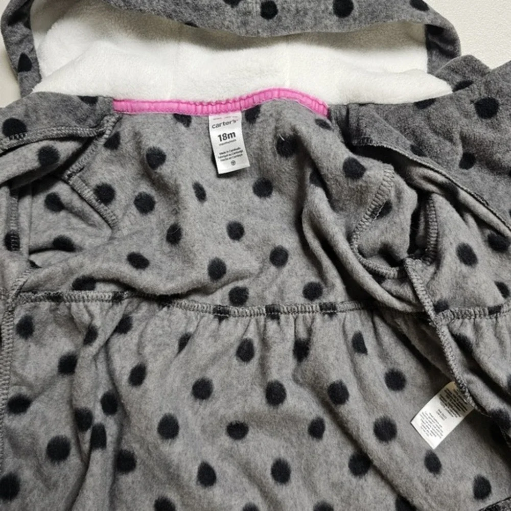 Carters Baby Girls Gray Black Polka Dot Fleece Hooded Peacoat Jacket 18M NWT‎